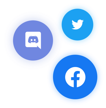 Social icon bubbles for Facebook, Instagram, Twitter and Discord